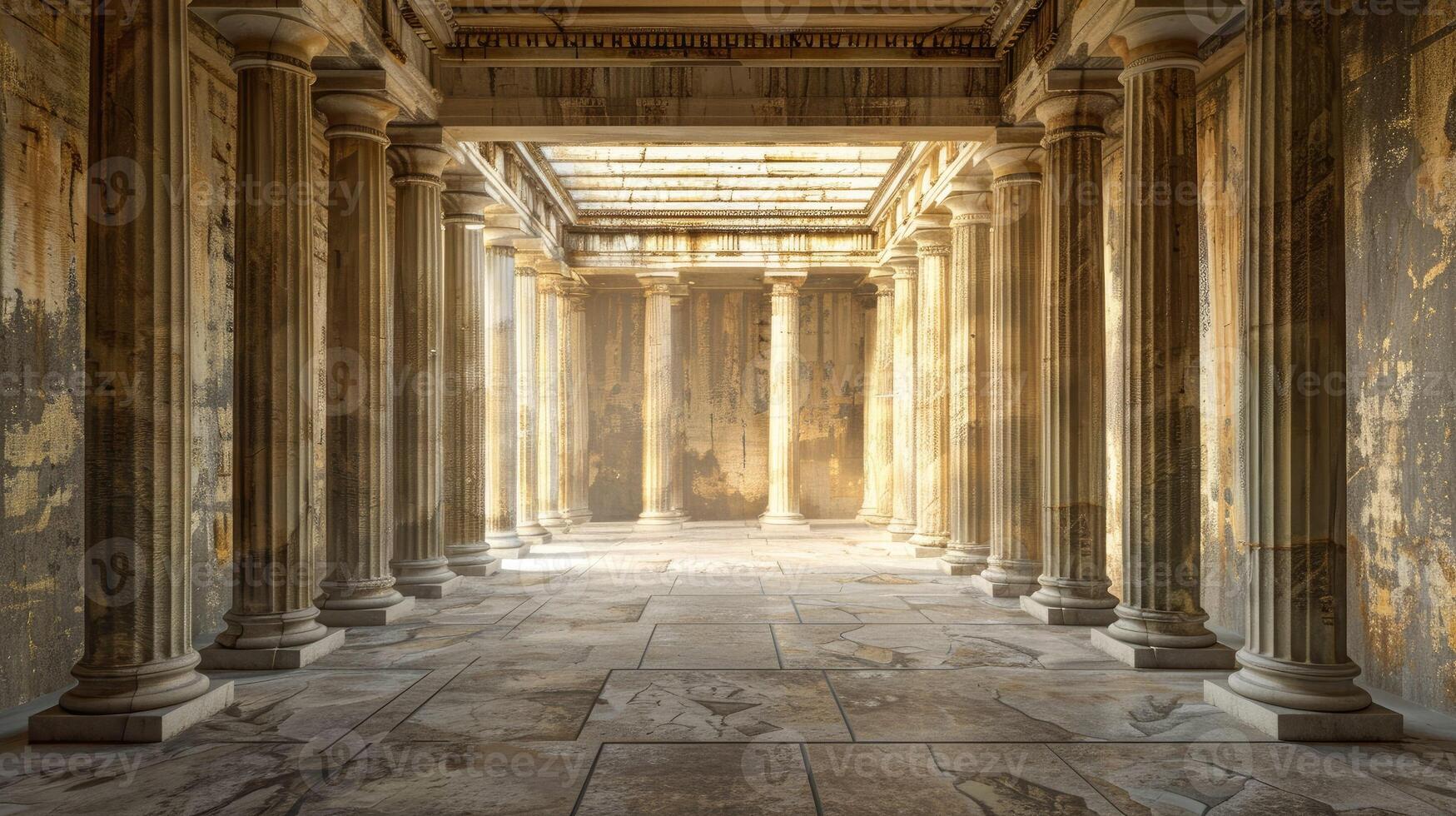 An empty room with columns and a light coming through photo