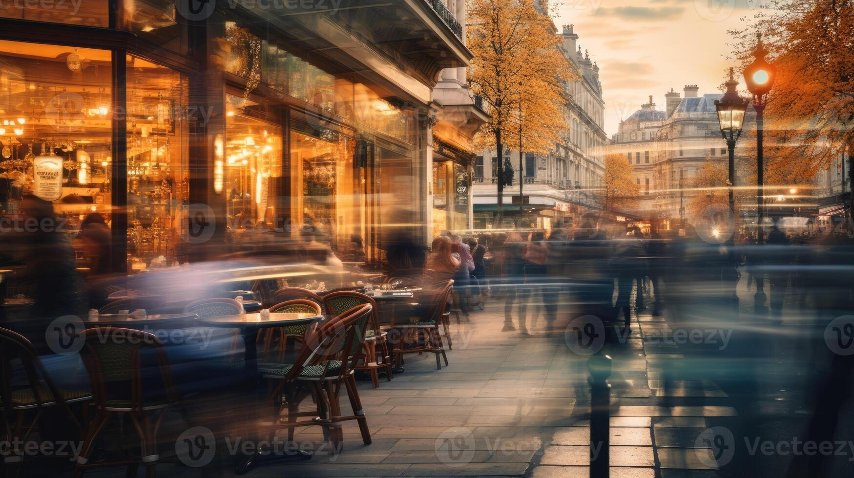 Blurred image of people walking down a street in paris photo