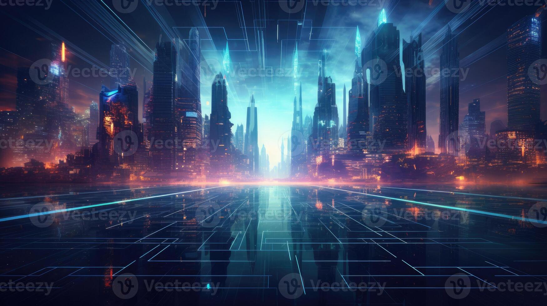 Futuristic cityscape with lights and neon photo