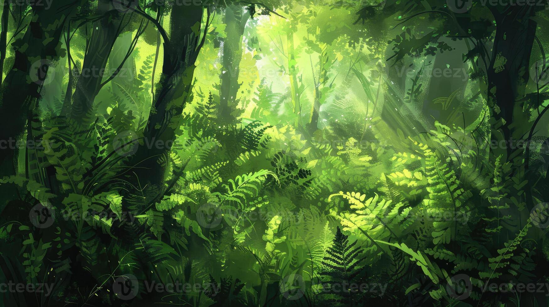 A painting of a jungle with green plants photo