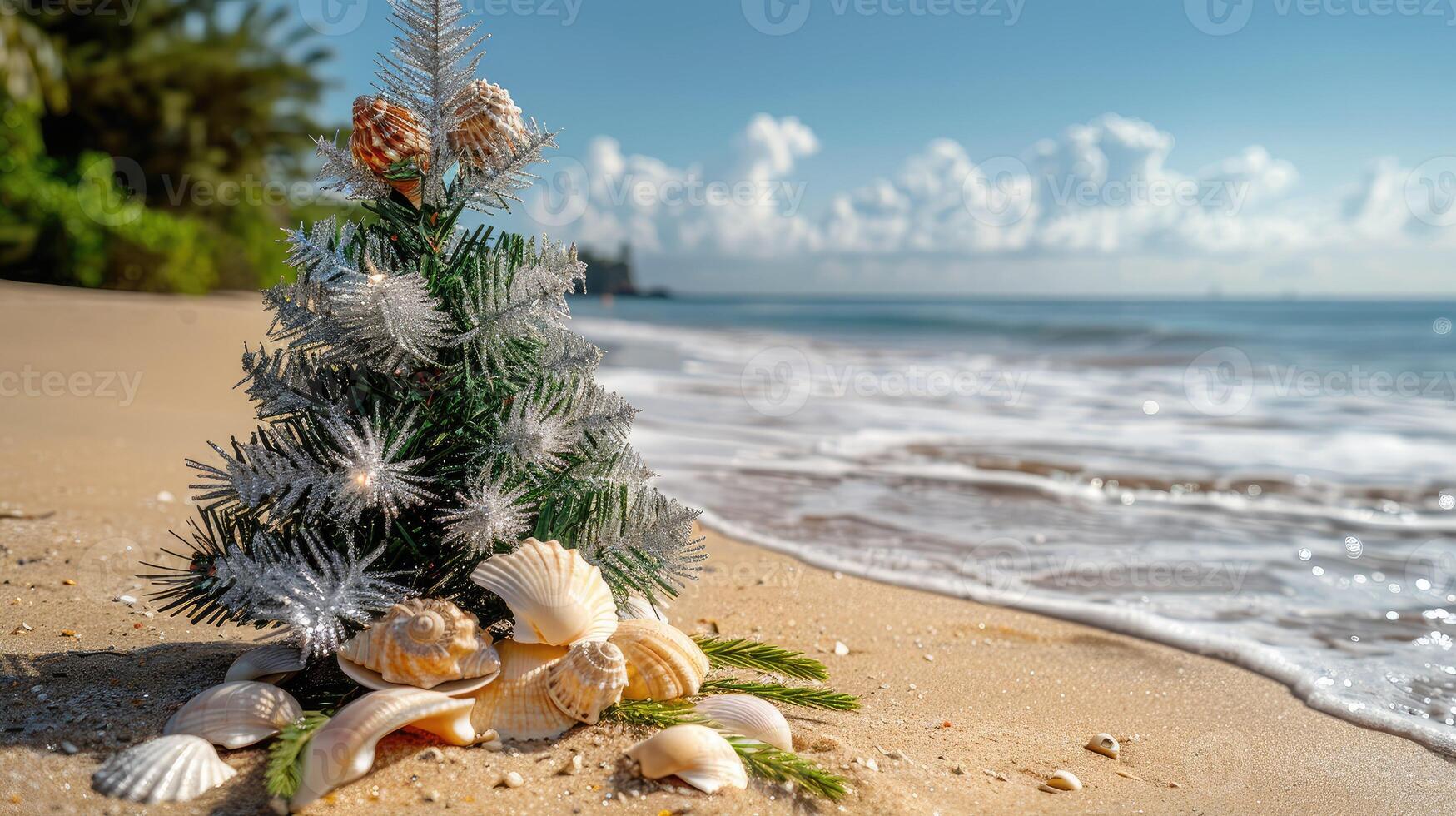 A christmas tree on the beach with shells photo