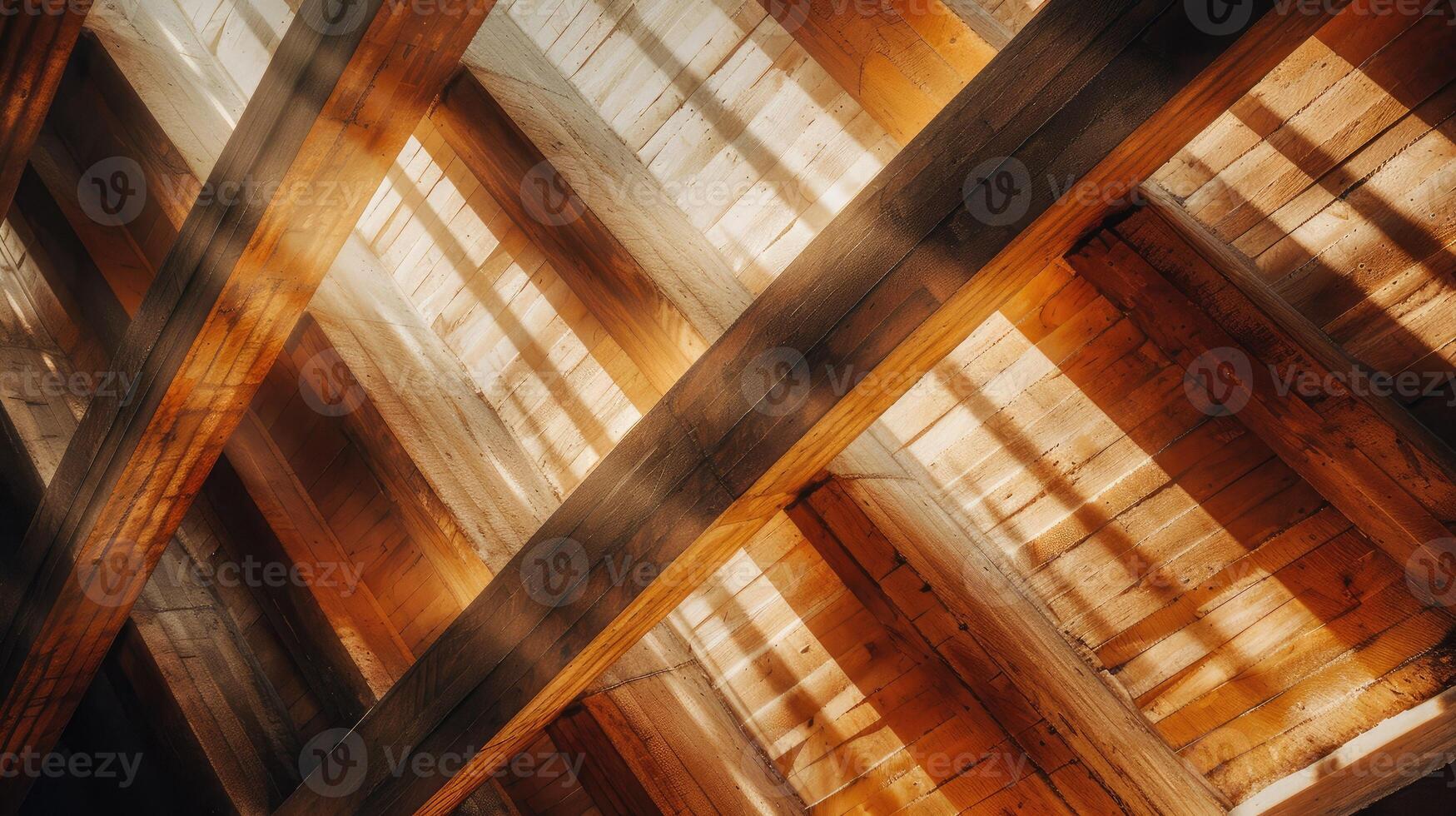 The sun shines through the wooden beams of a building photo