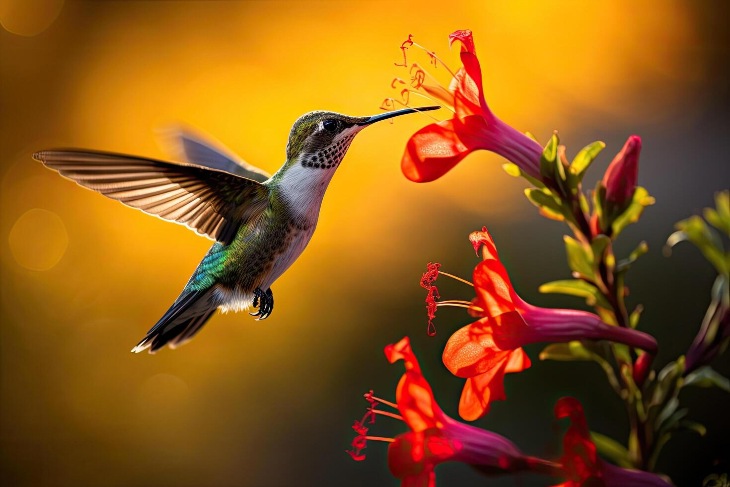 Hummingbird feeding on vibrant red flower photo