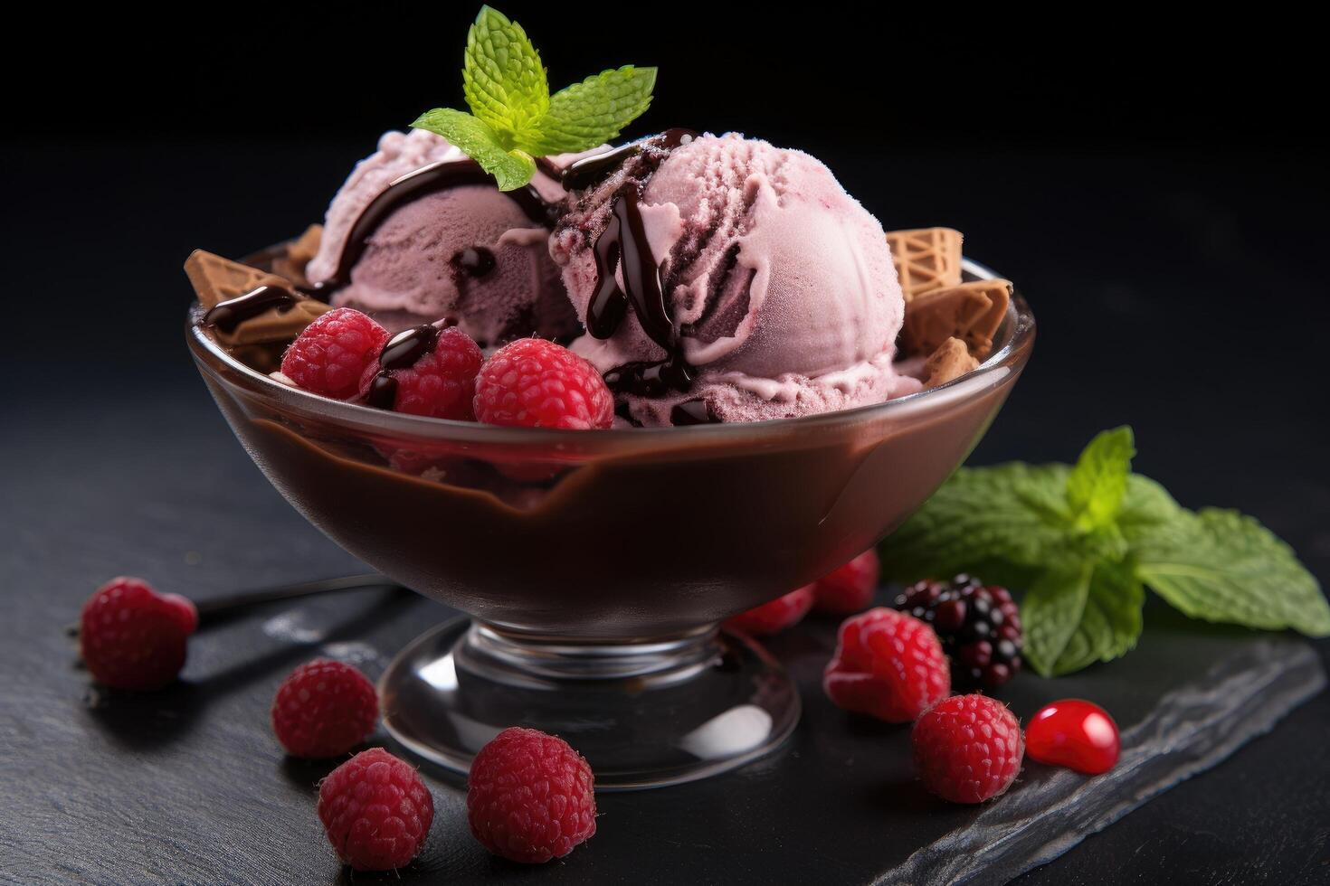 Delicious chocolate and raspberry ice cream sundae photo