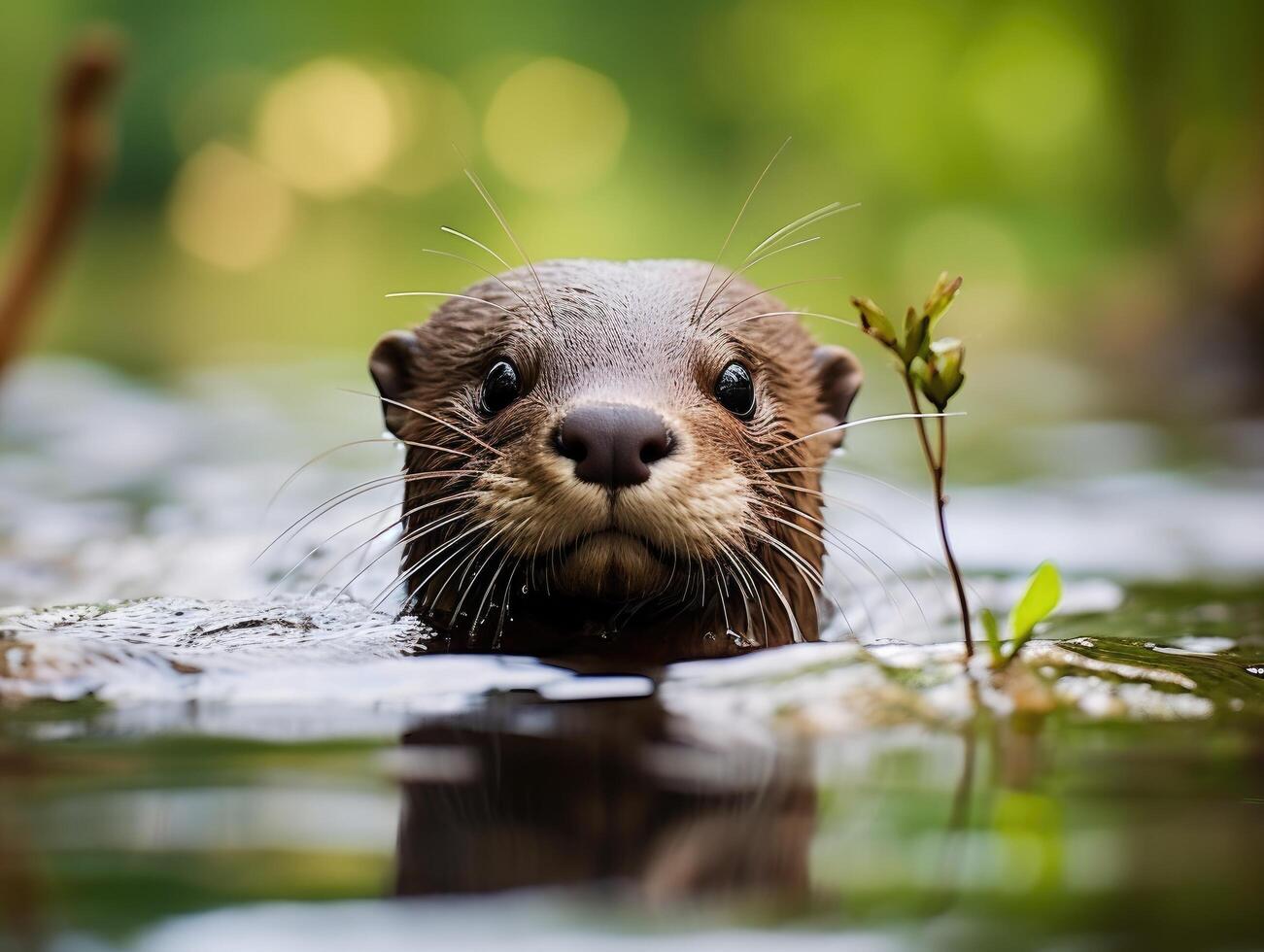 Curious otter peeking out of the water photo