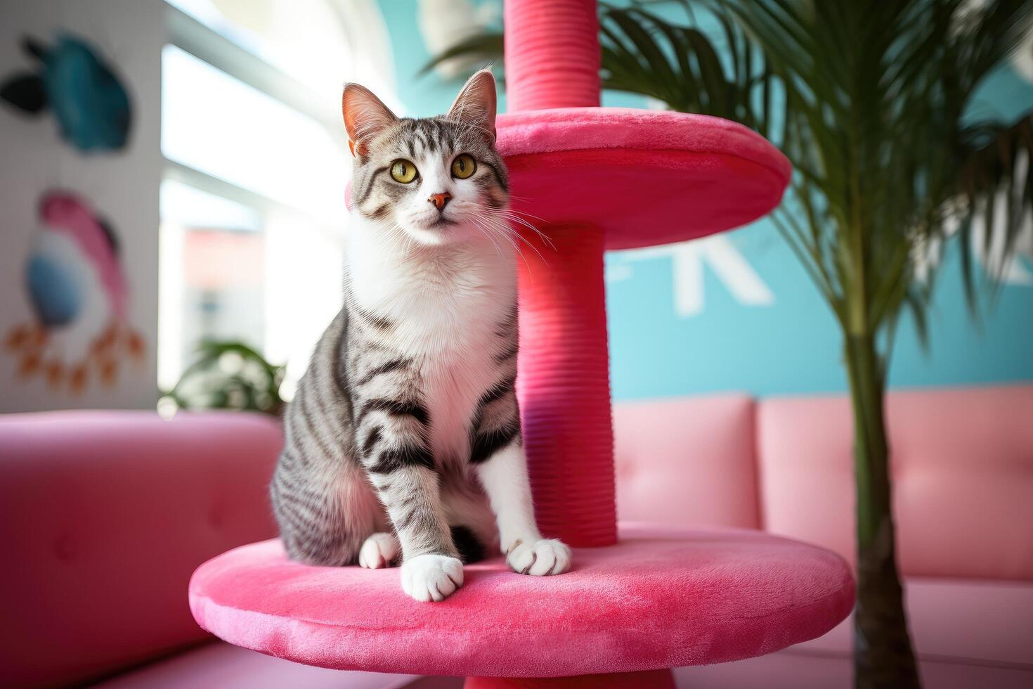 Cute cat sitting on pink cat tower photo