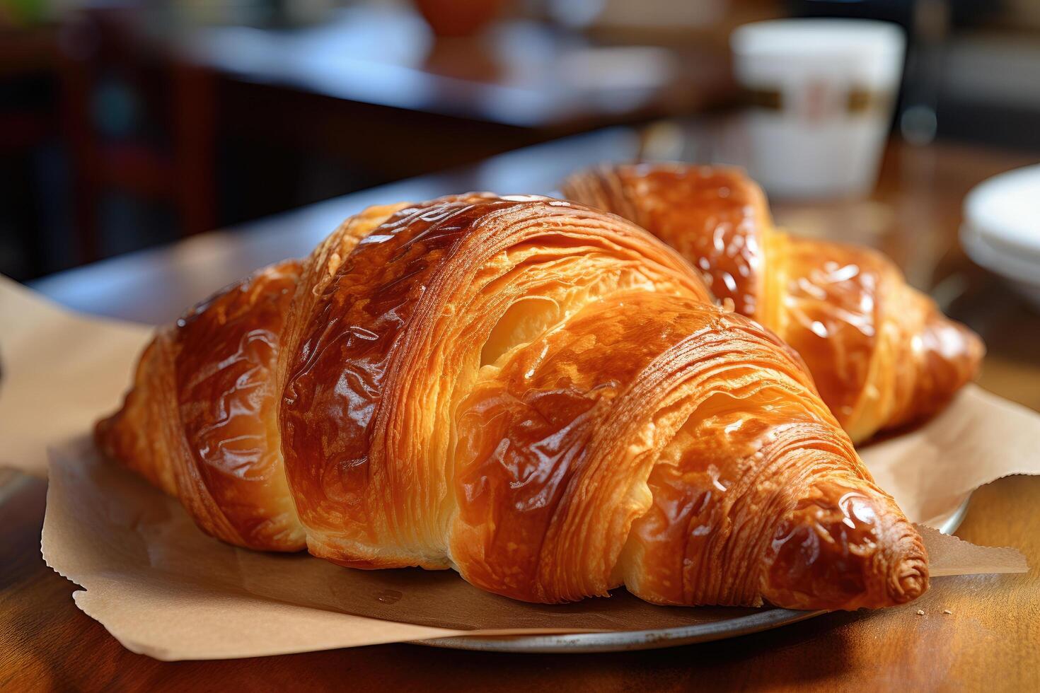 Freshly baked croissant on wooden table photo