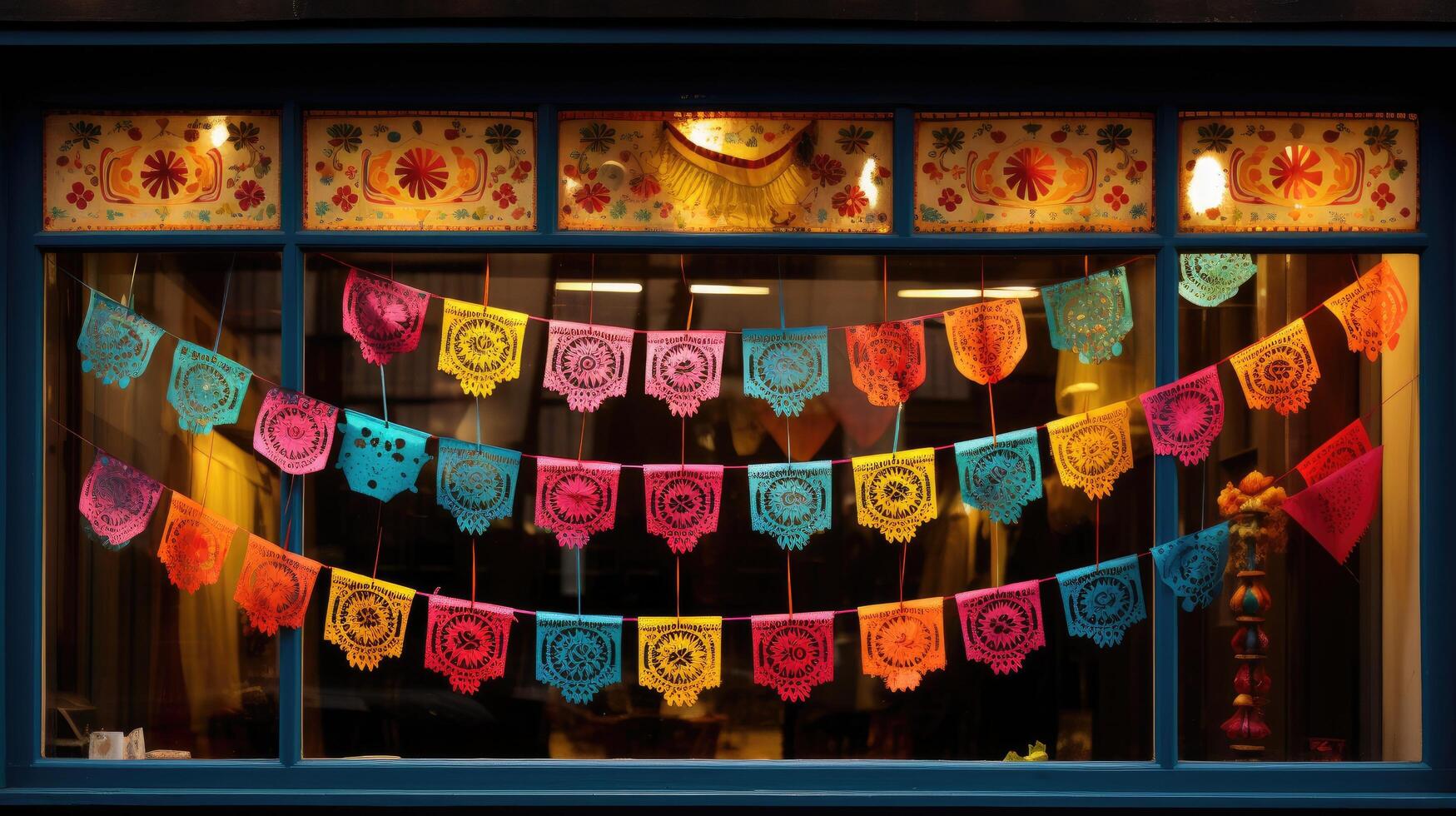 Colorful Mexican paper flags hanging in window display photo