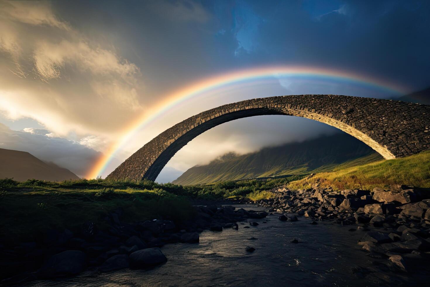 Dramatic rainbow over stone arch bridge photo