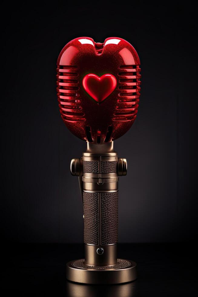 Glowing red heart shaped microphone on black background photo