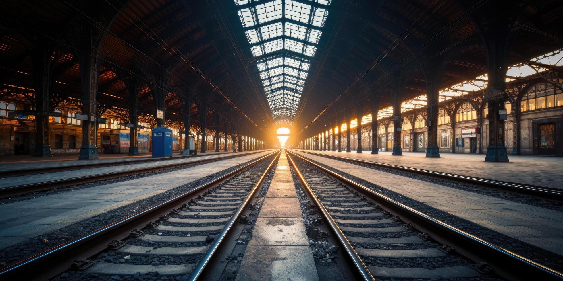 Majestic train station interior with sunlit tracks photo
