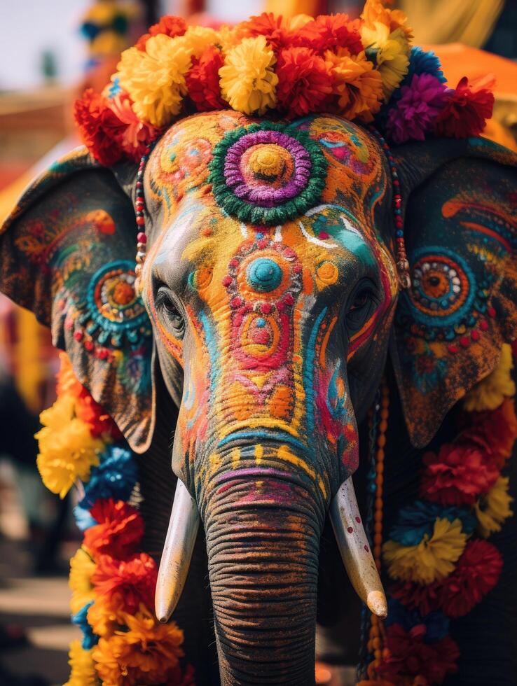 Colorful painted elephant with flower crown photo