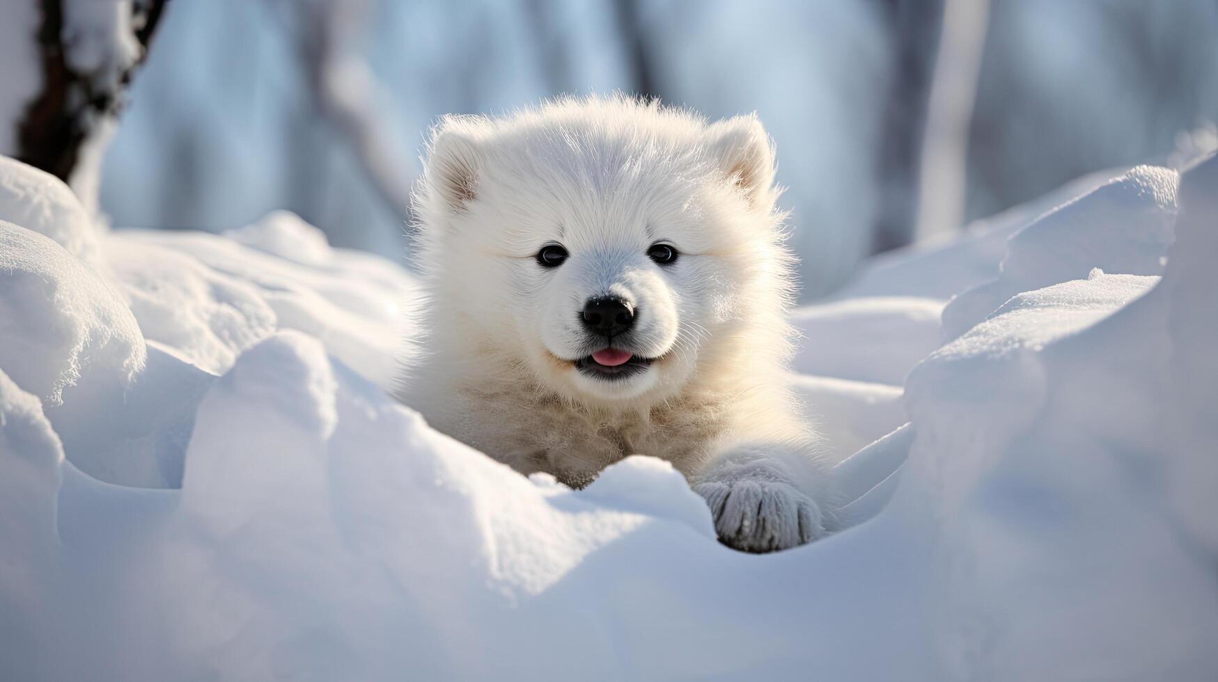 Adorable Samoyed Puppy in Snowy Winter Landscape photo