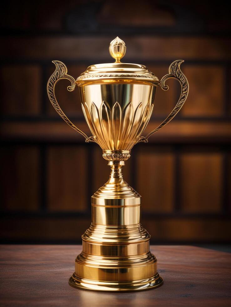 golden trophy on wooden table photo