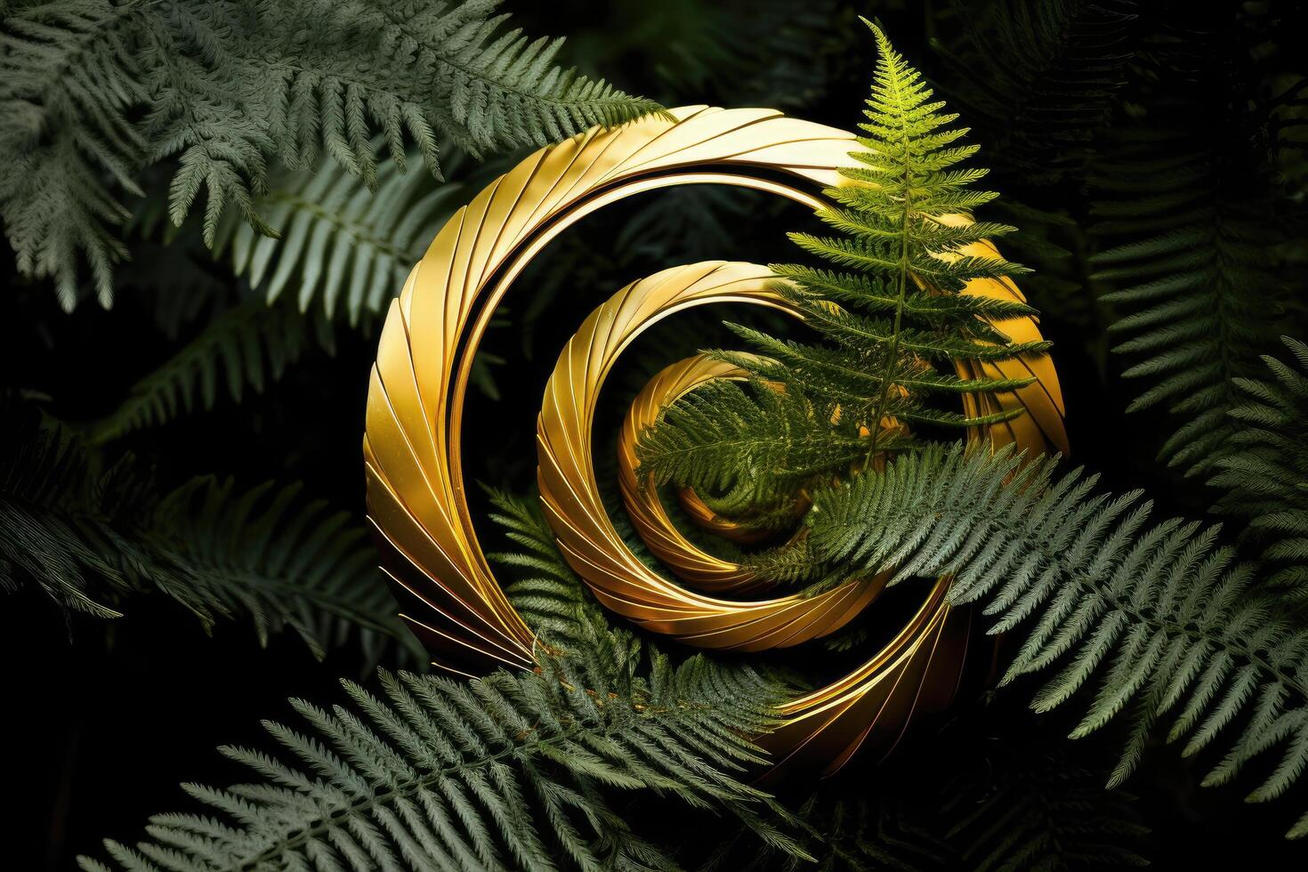 golden spiral abstract design with fern leaves photo