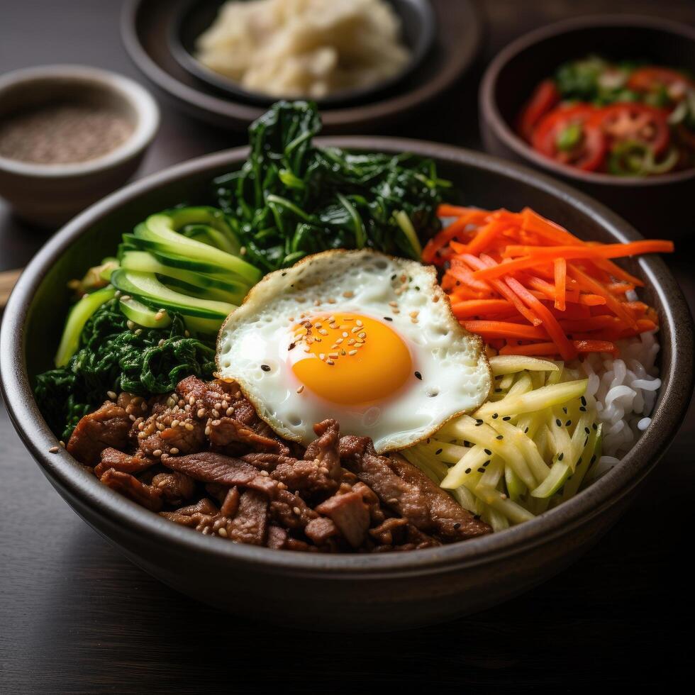 Delicious korean bibimbap with beef, vegetables, and a fried egg photo