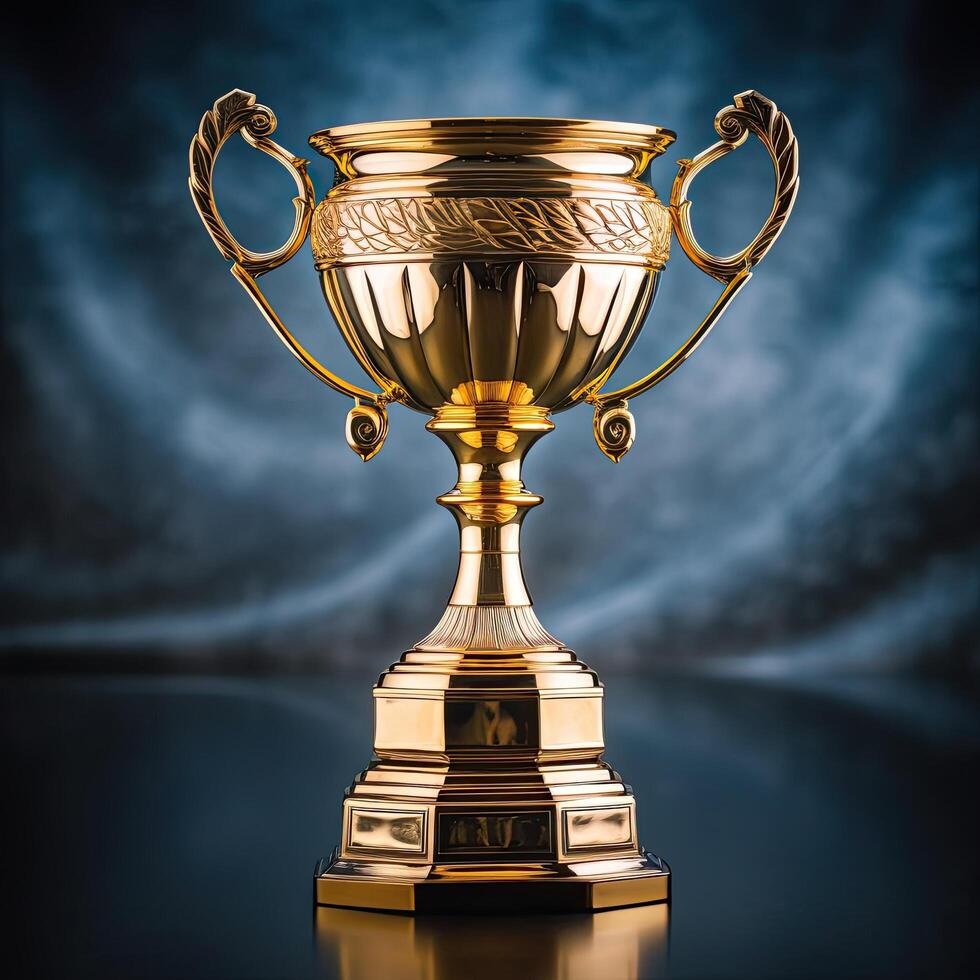 Golden trophy cup on dark background photo