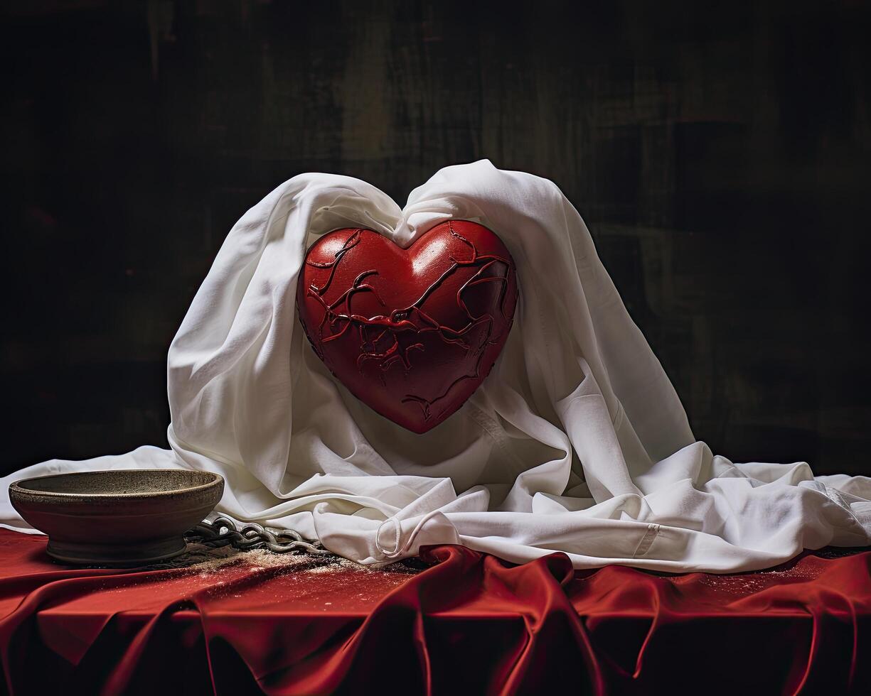 Broken heart wrapped in white cloth on dark background photo