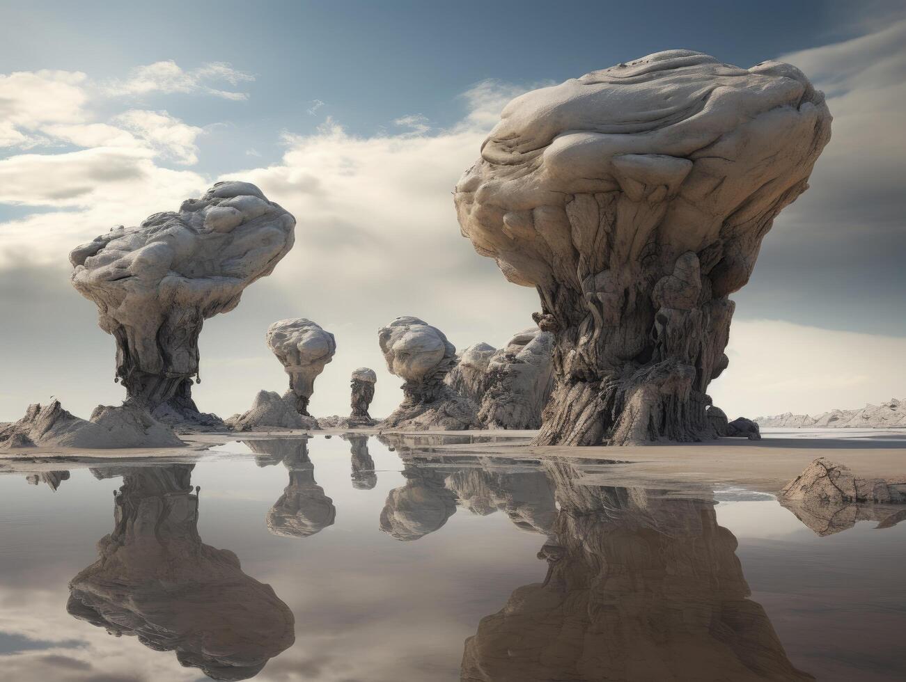 Surreal landscape with towering rock formations and reflections photo