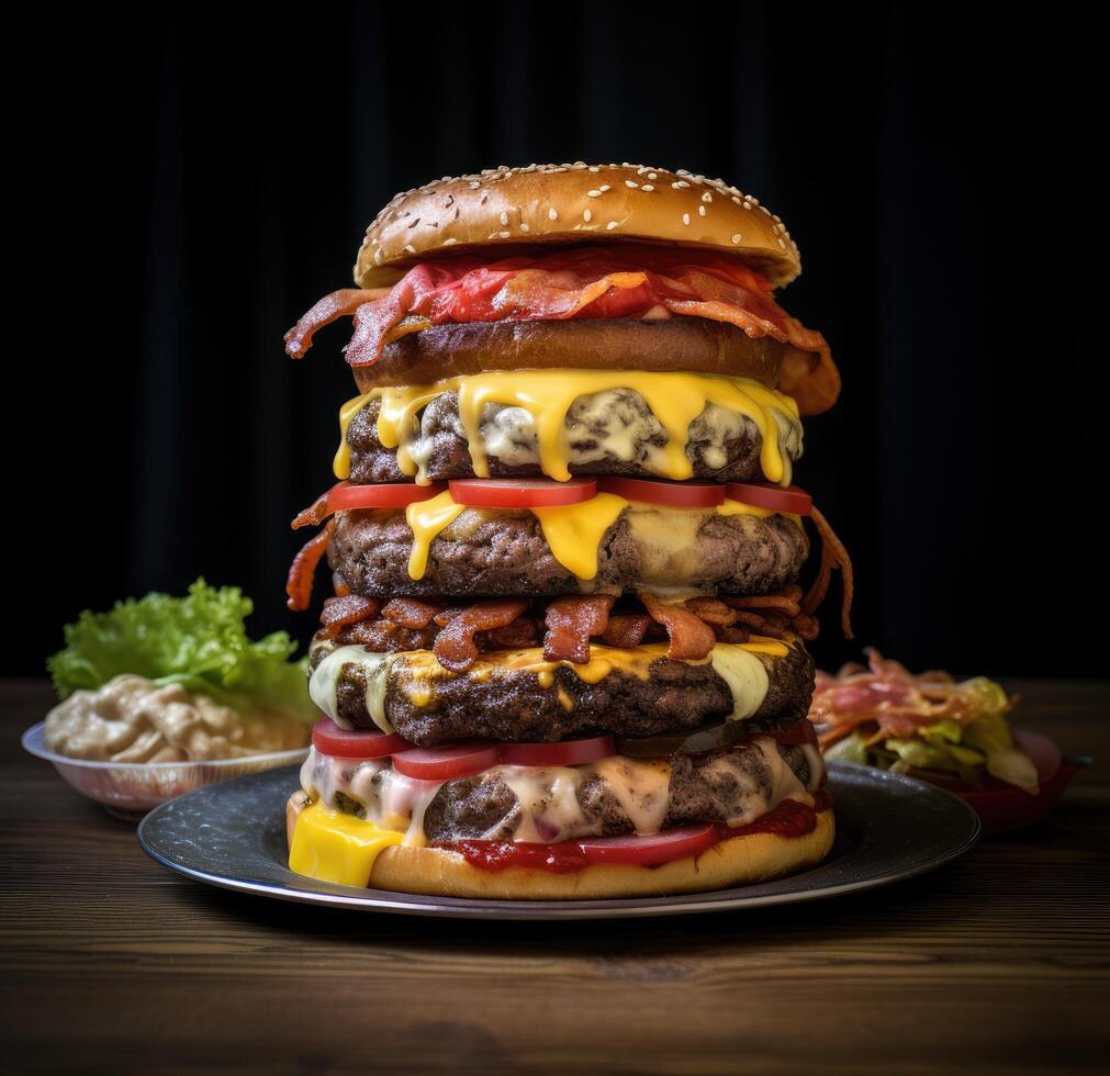 Delicious layered burger with beef patties, cheese, bacon, and vegetables photo