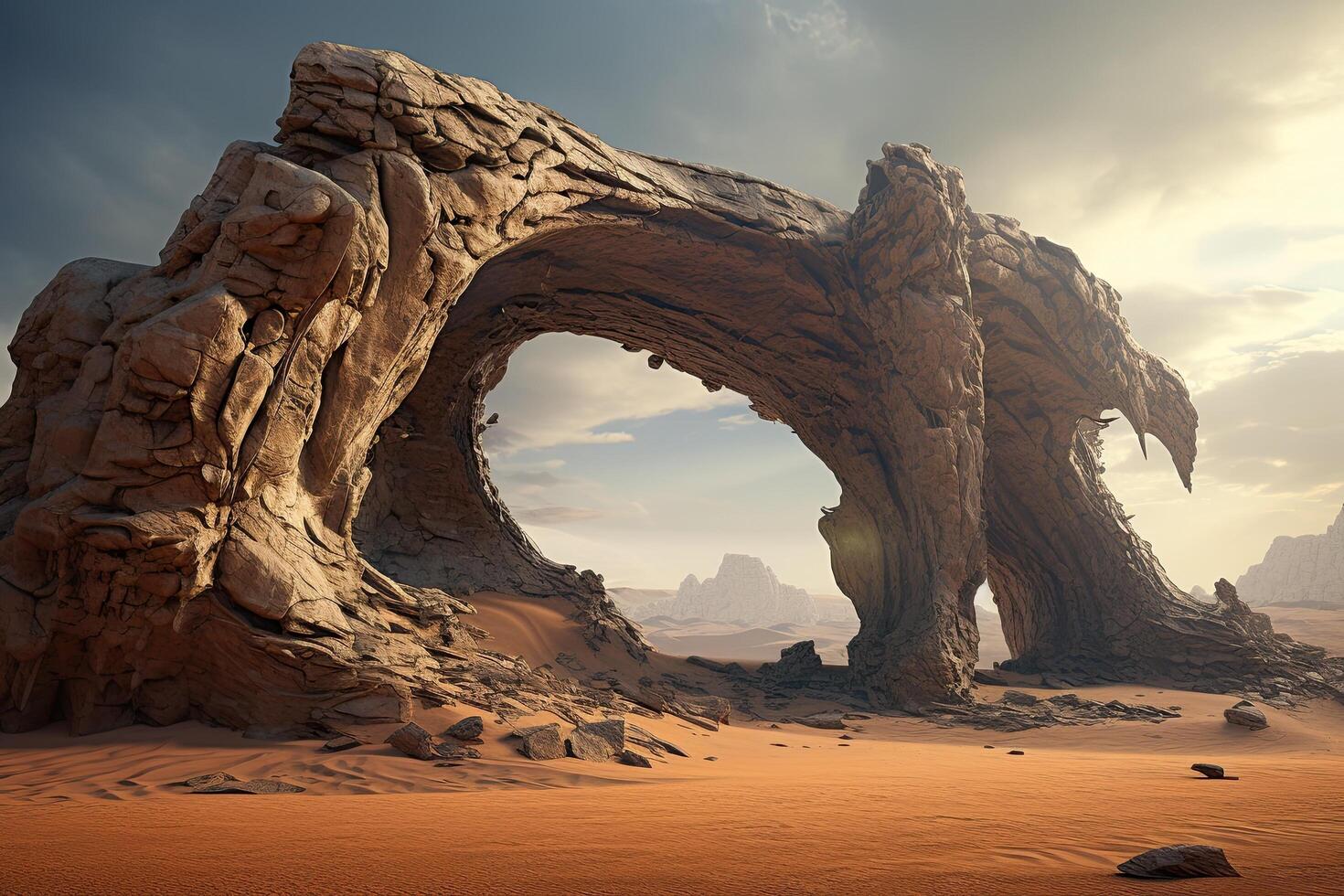 Dramatic desert landscape with towering rock arch photo