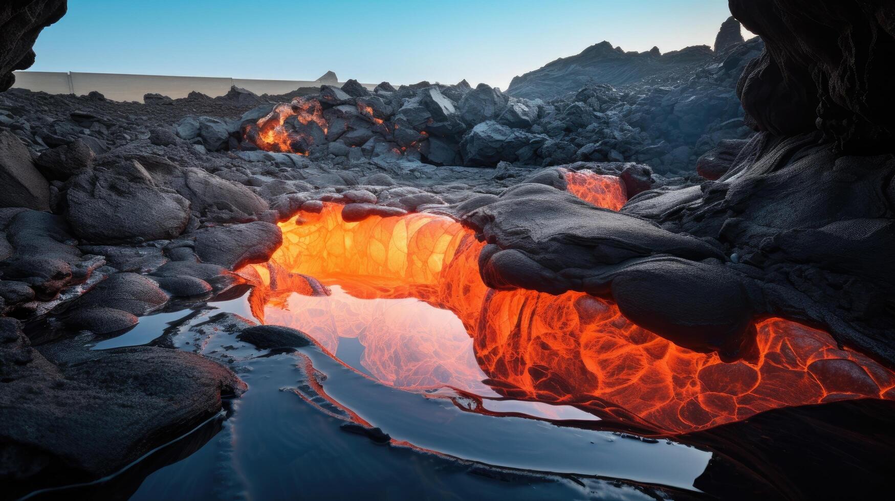 Glowing lava flow in volcanic landscape photo