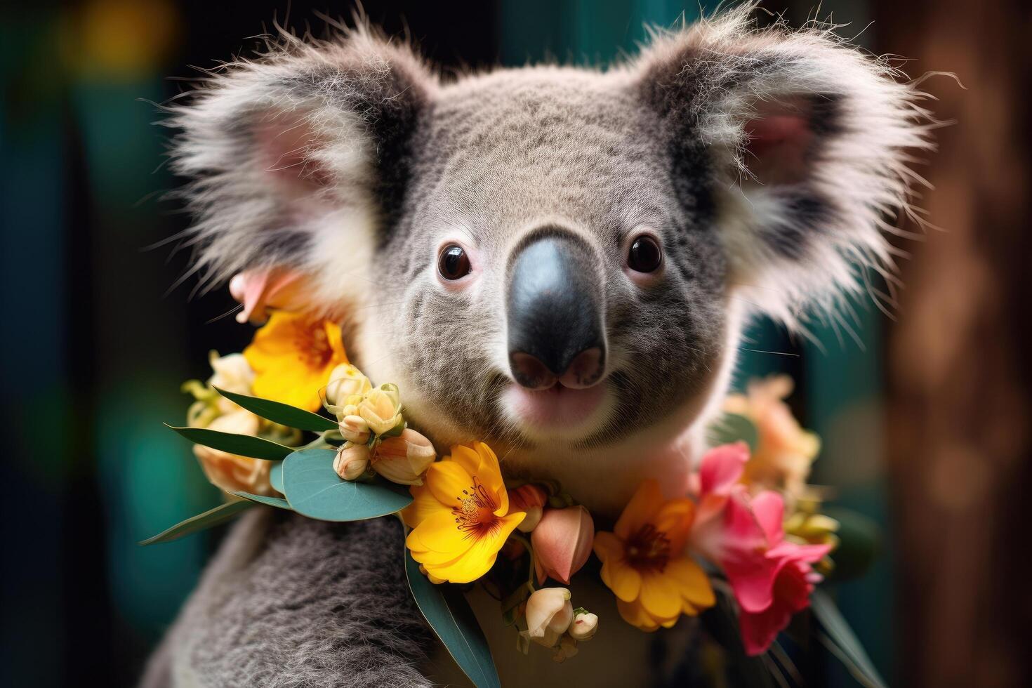 Cute koala holding colorful flowers photo