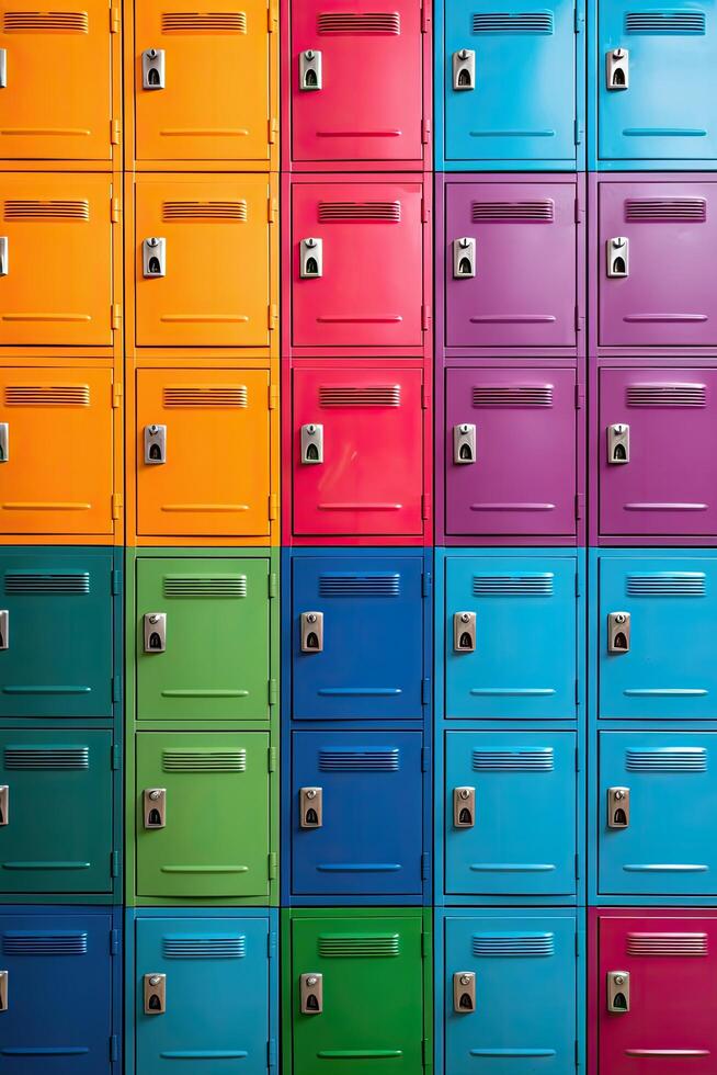 Colorful lockers in a school hallway photo