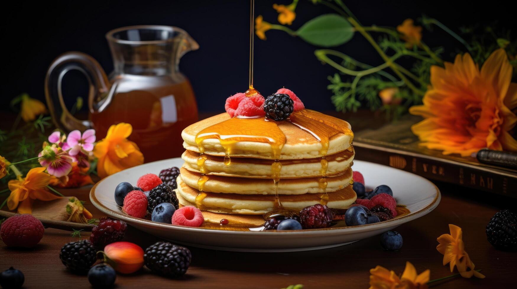 Delicious stack of pancakes with fresh berries and honey photo