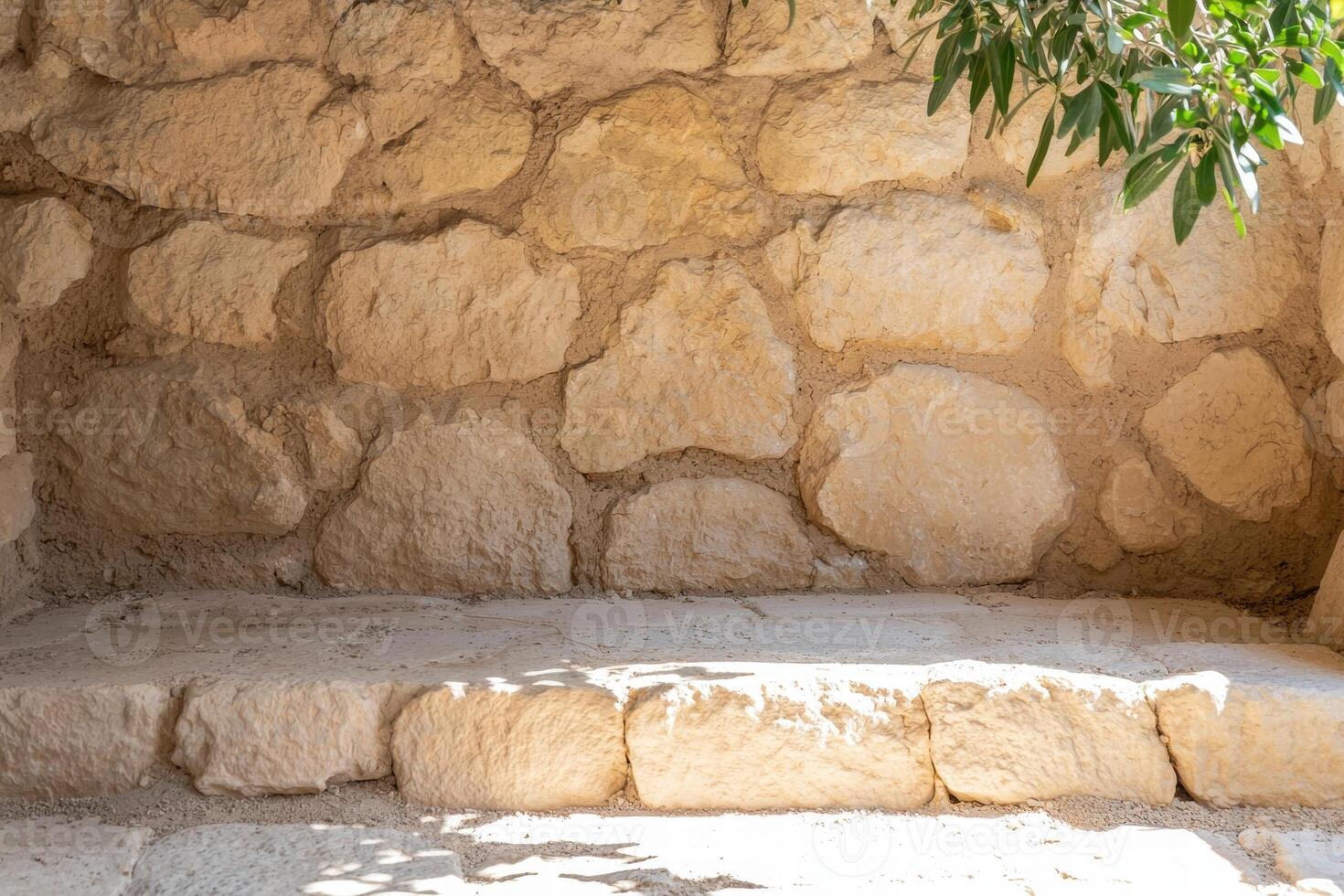 Rustic stone wall with steps photo