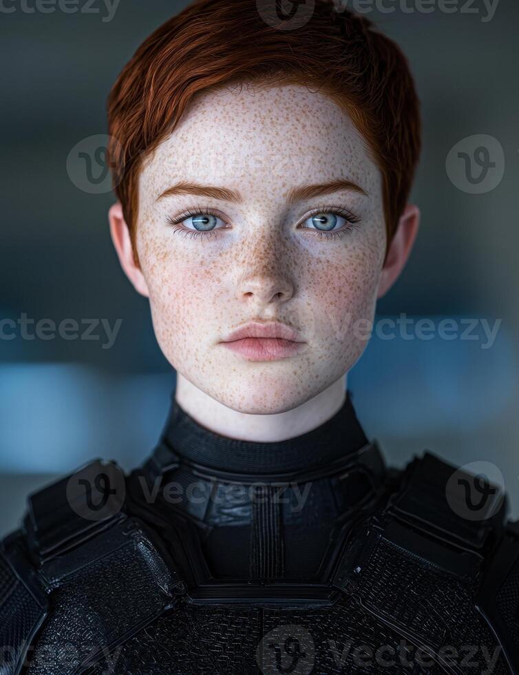 Intense gaze of a young woman with striking features photo