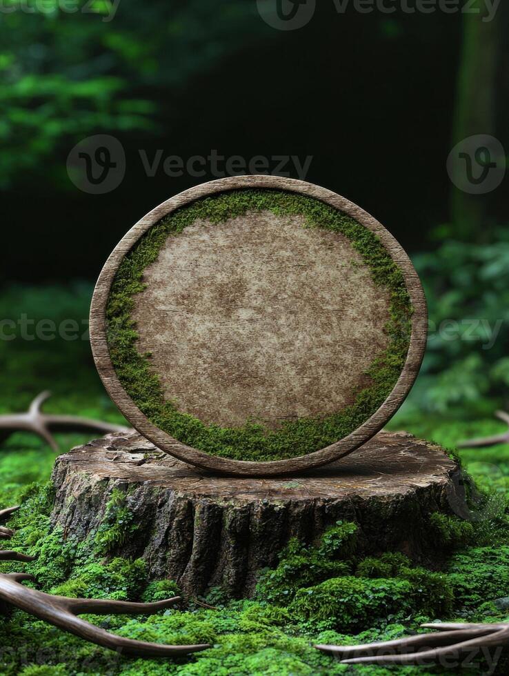 Tranquil forest scene with moss covered stump and wooden frame photo