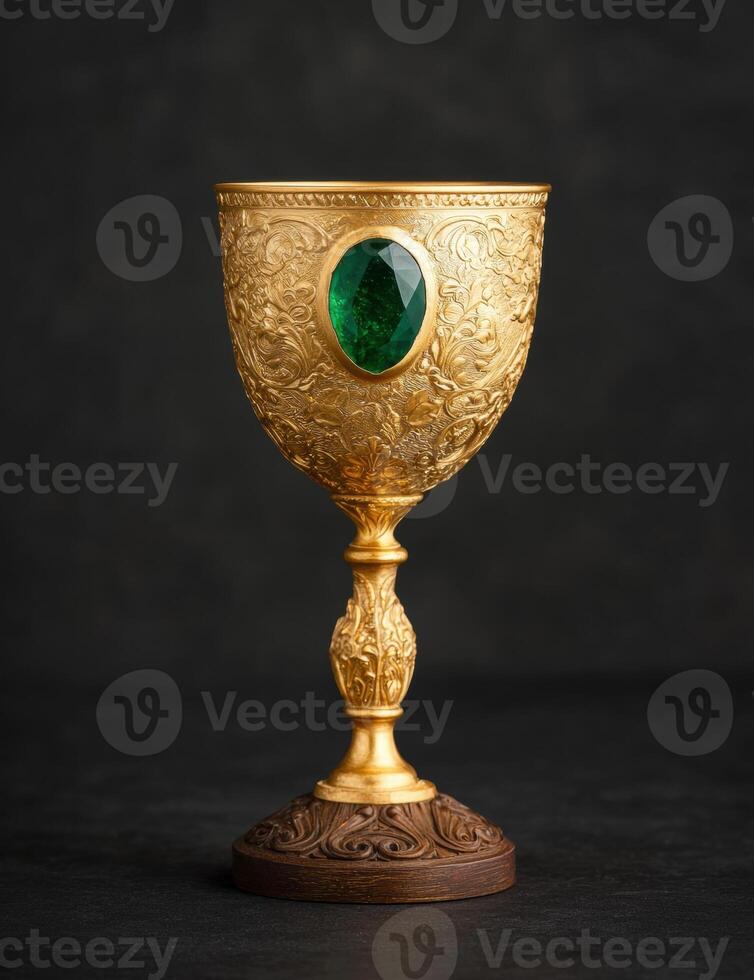Ornate golden chalice with emerald gemstone photo