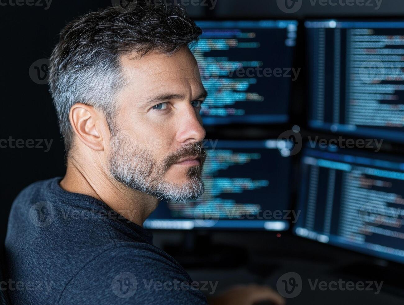 Focused programmer working on computer code photo