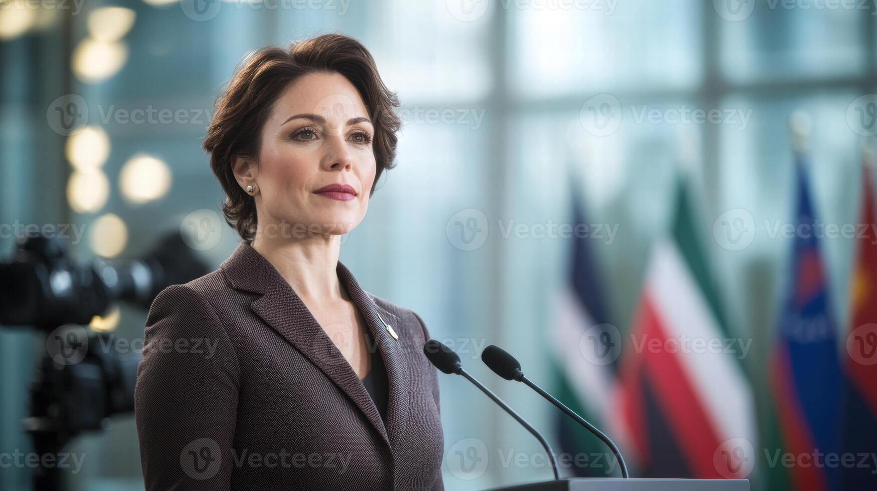 Confident woman in business attire giving a speech photo
