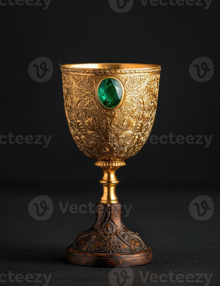 Ornate golden chalice with emerald gemstone photo