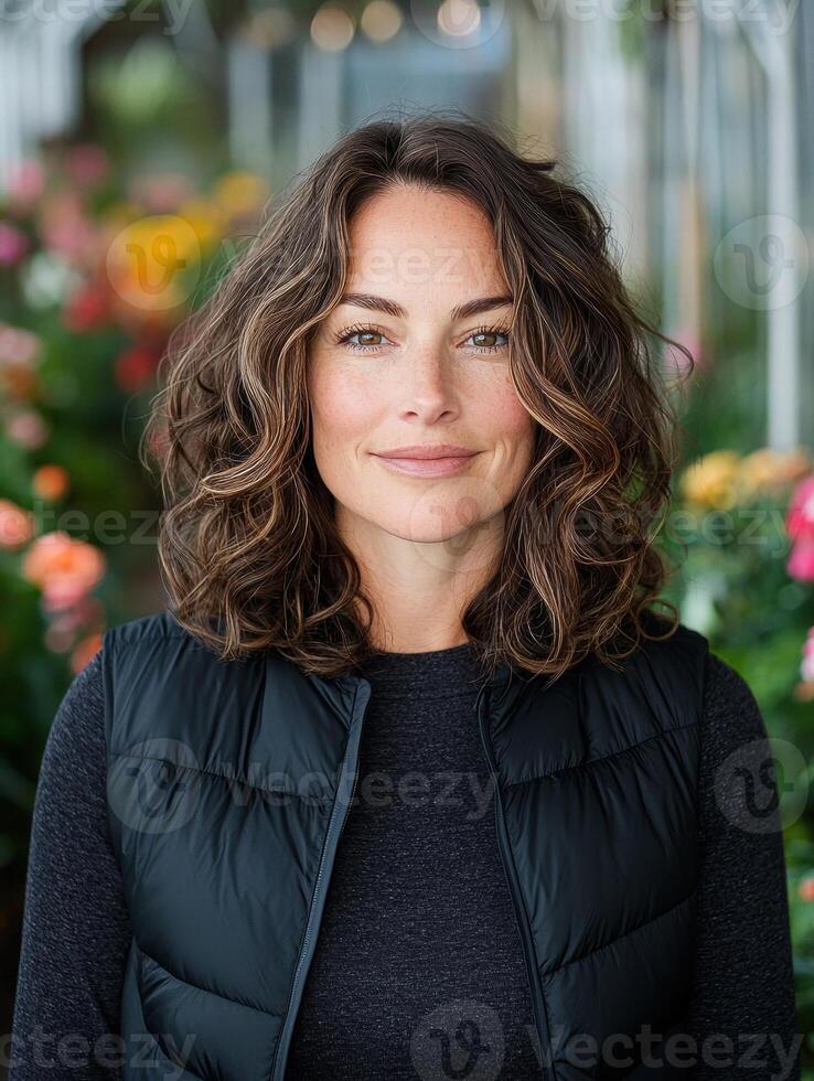 portrait of a smiling woman with curly hair photo