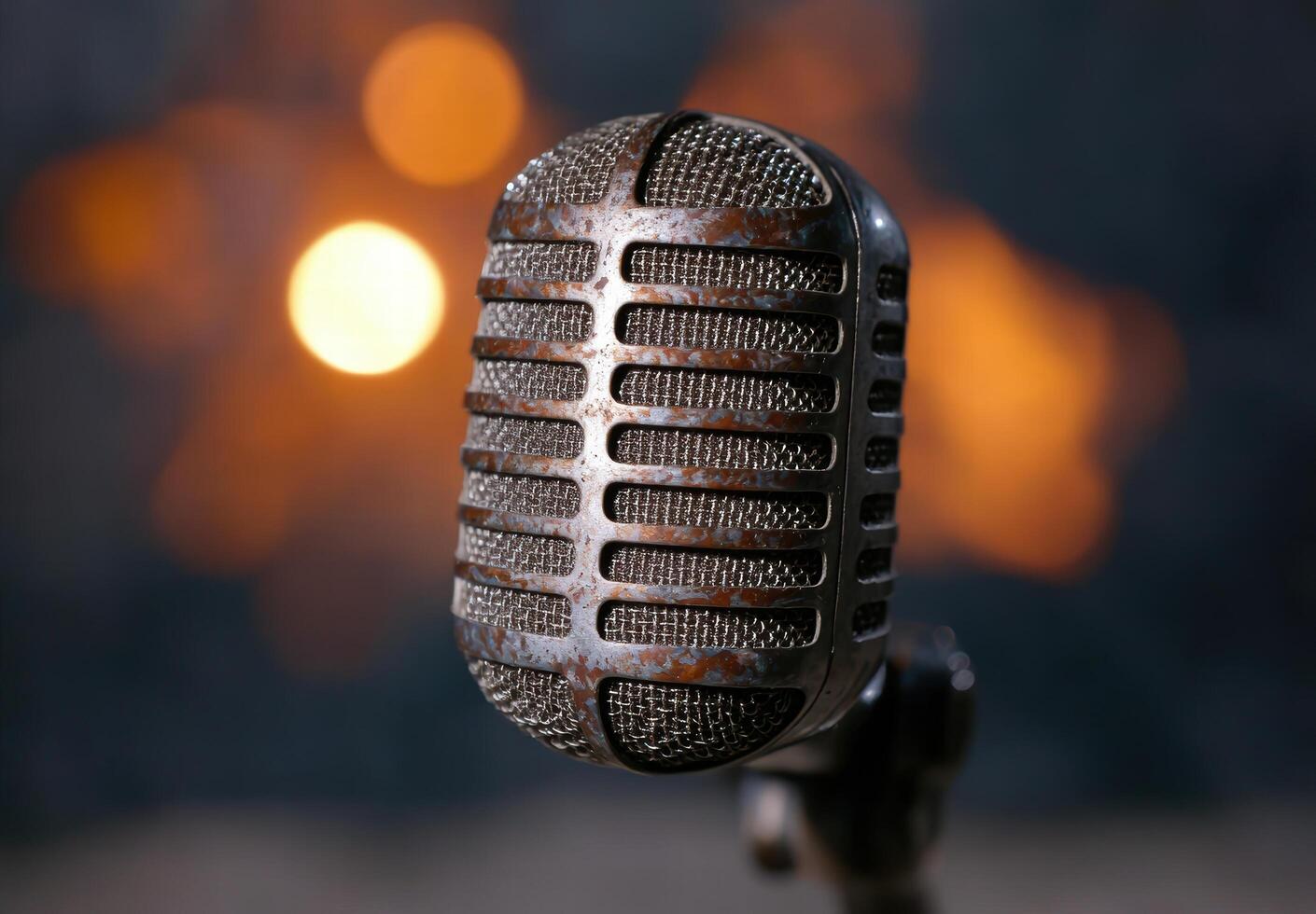 Vintage microphone with blurred lights in background photo
