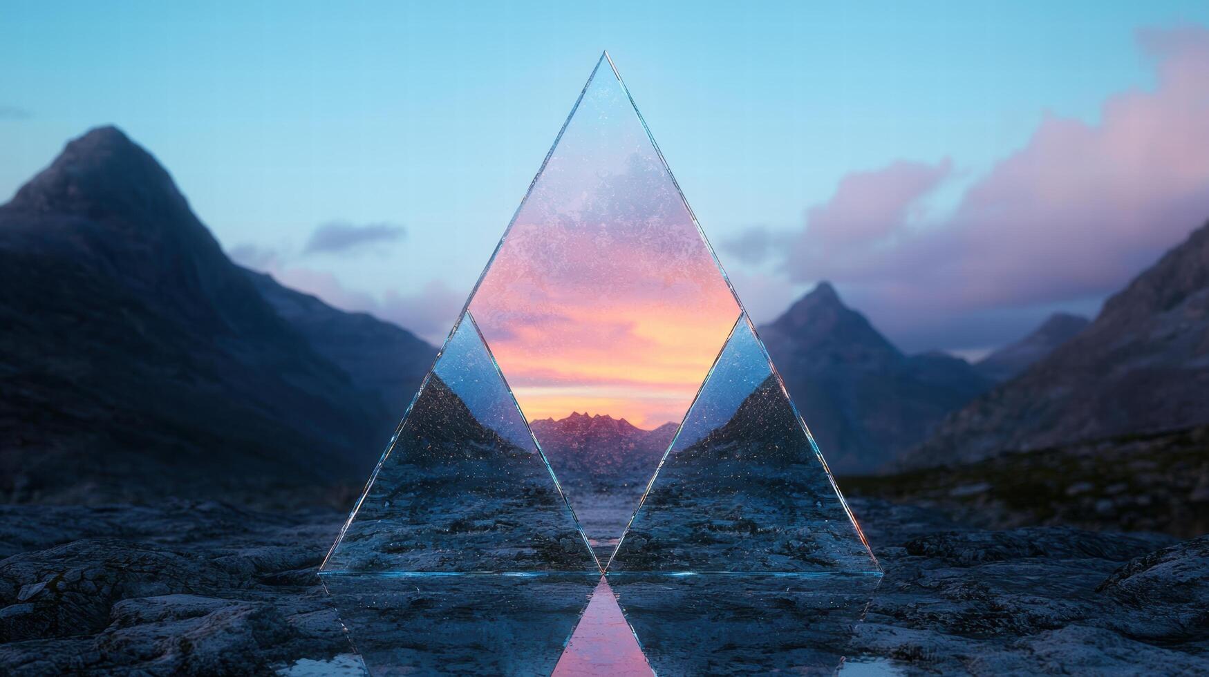 Surreal mountain landscape reflected in geometric glass shapes photo