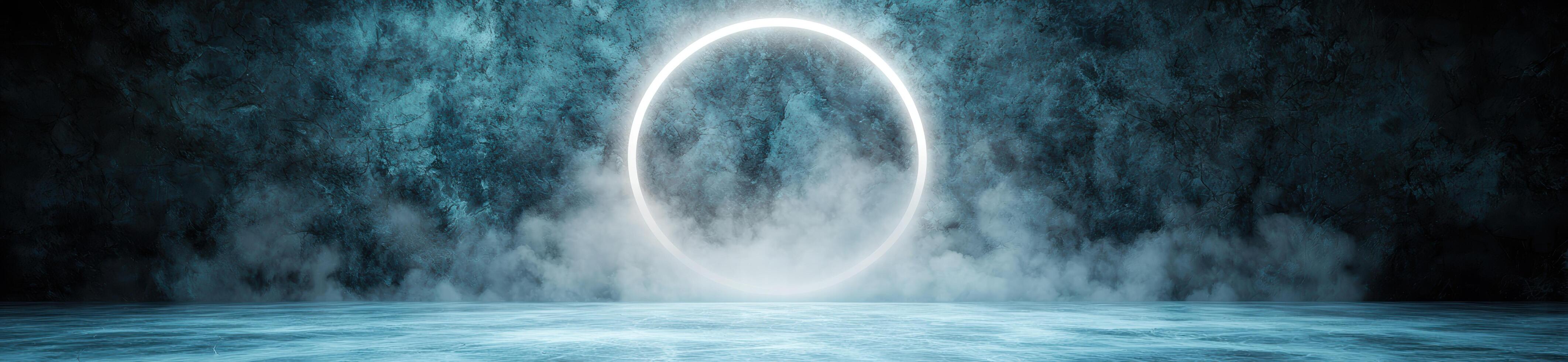 Glowing moon over misty lake photo