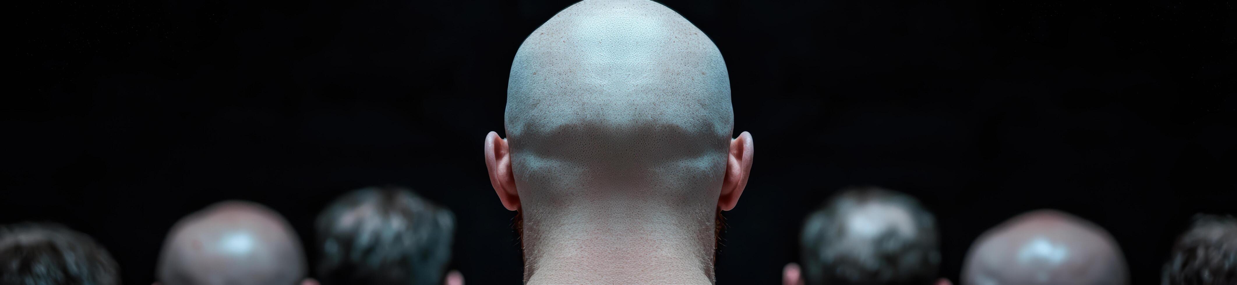 Bald man standing in front of dark background photo
