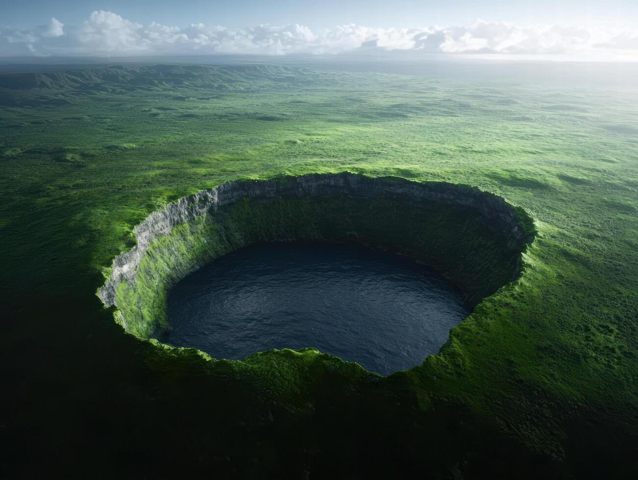 Aerial view of a lush green crater lake photo