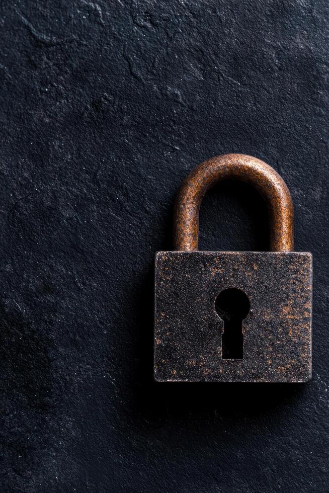Rustic metal lock on a dark background photo