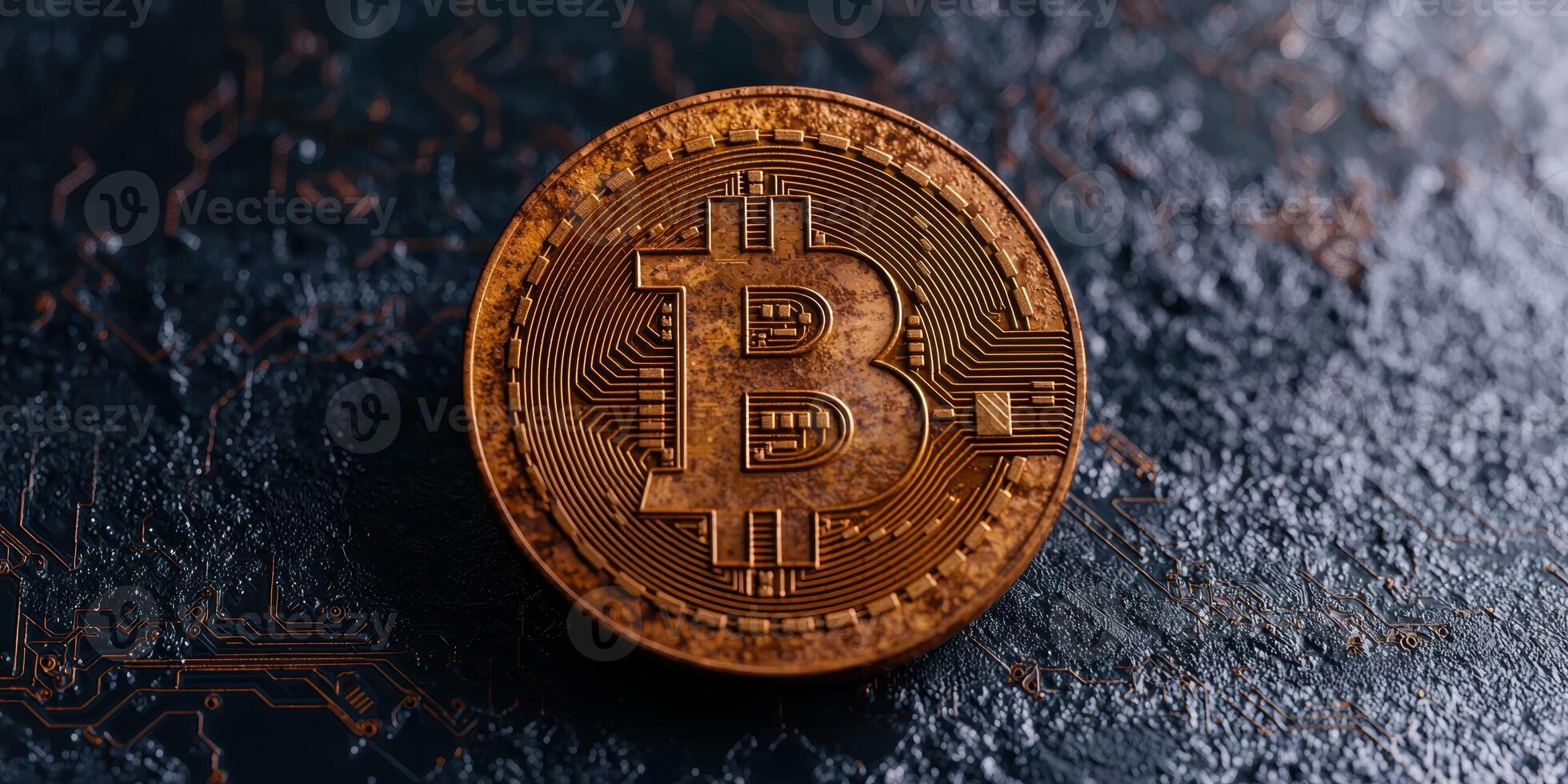 Close up of a golden bitcoin cryptocurrency coin photo