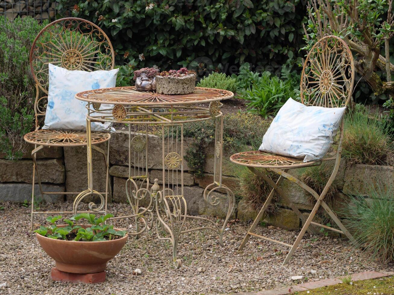 A table and chairs sitting in a garden photo