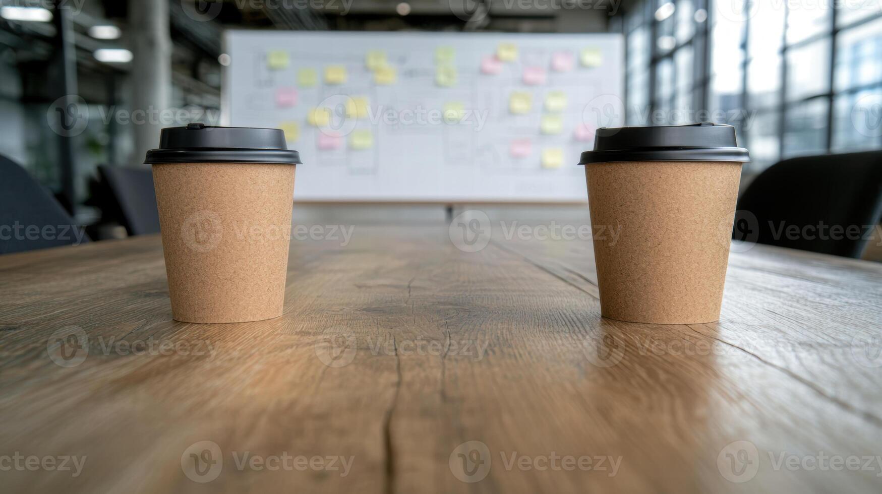 coffee cups on wooden desk in office with whiteboard photo