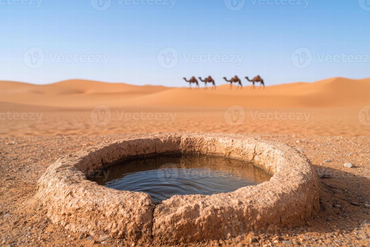 Oasis in the desert with camels photo