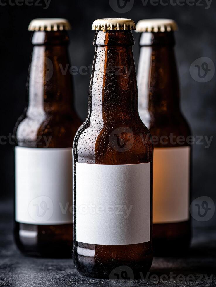 Close up of beer bottles with blank labels photo