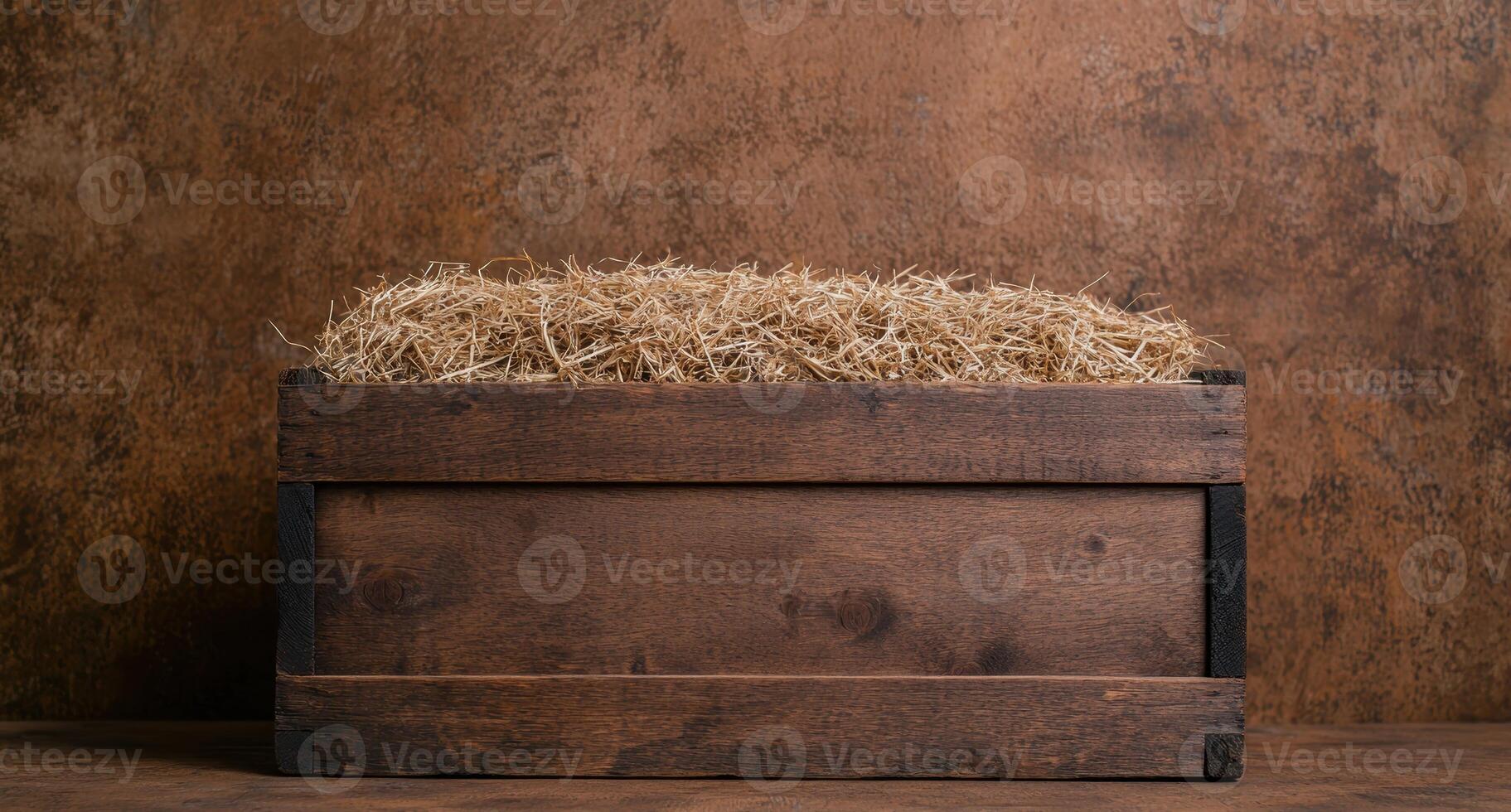 Rustic wooden crate filled with straw photo