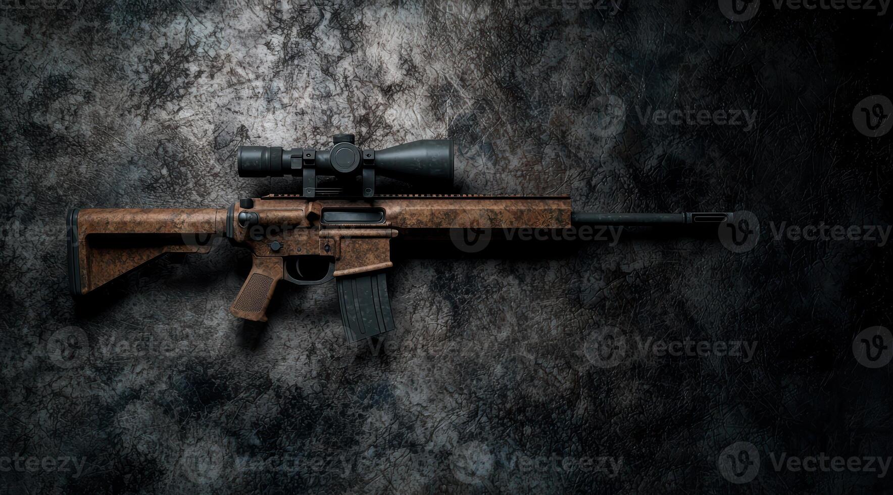 Tactical sniper rifle with scope on dark background photo